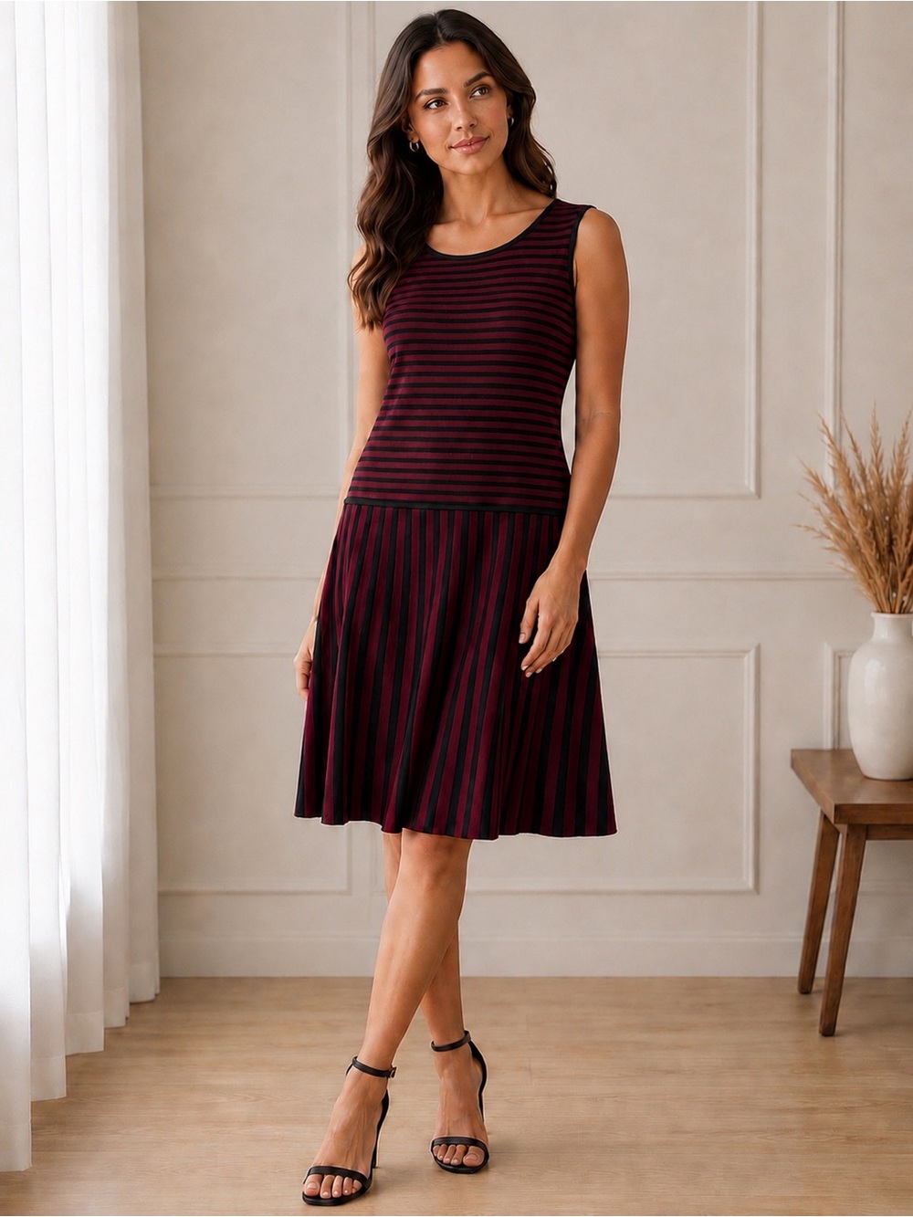 Lauren Ralph Lauren Burgundy and Black Striped Sleeveless Skater Skirt